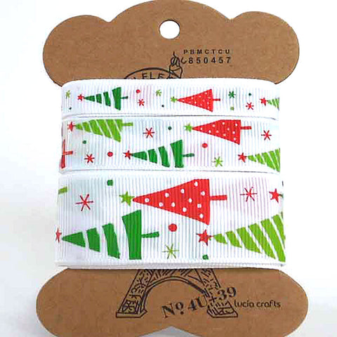 Red and Green Christmas Tree White Ribbon - Grosgrain - 10mm - 16mm - 25mm