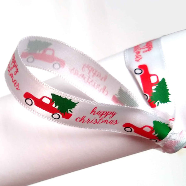 15mm Happy Christmas Red Truck and Tree Satin Ribbon