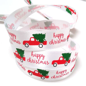 15mm Happy Christmas Red Truck and Tree Satin Ribbon