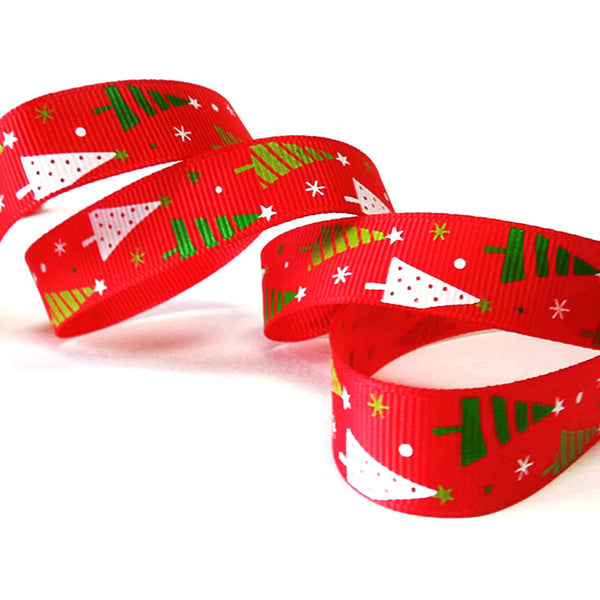 Green and White Christmas Tree Red Ribbon - Grosgrain - 10mm - 16mm