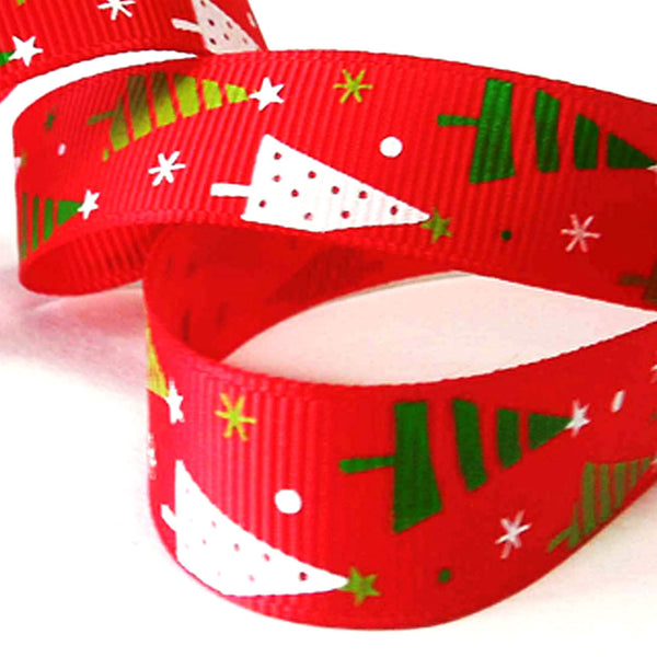 Green and White Christmas Tree Red Ribbon - Grosgrain - 10mm - 16mm