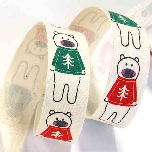 15mm Polar Bears in a Jumper Christmas Cotton Ribbon