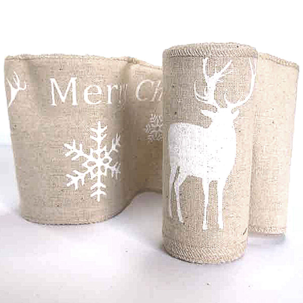12cm White Christmas Reindeer Linen Fabric Roll