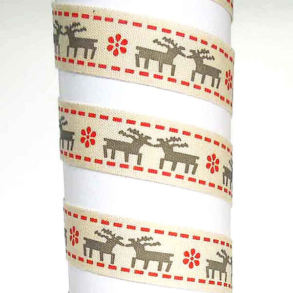 15mm Nordic Xmas Red and Grey Reindeer Cotton Ribbon