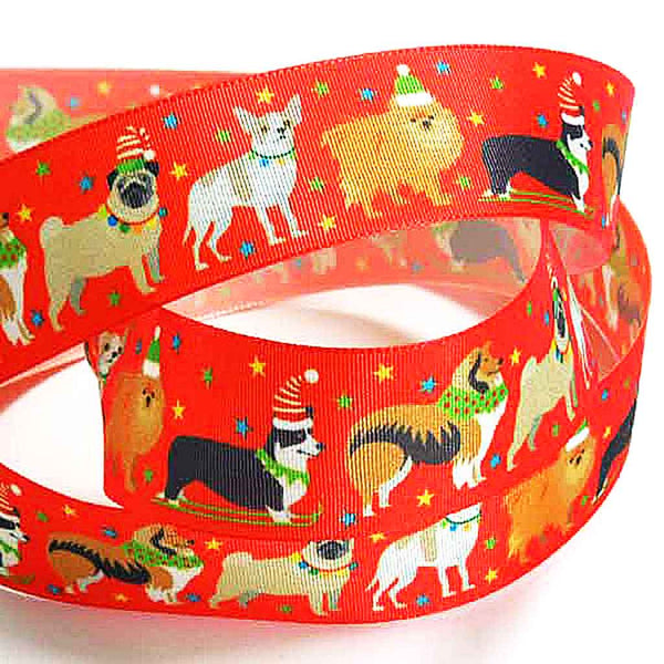 25mm Red Festive Dogs Ribbon by Berisfords