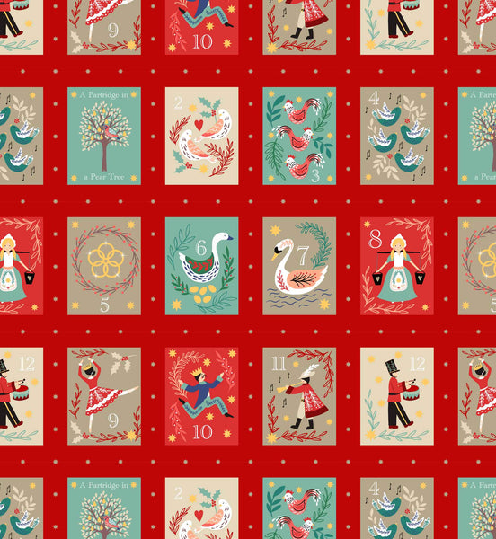 The 12 Days of Christmas Lewis and Irene Squares on Red Gold Metallic - C77.3