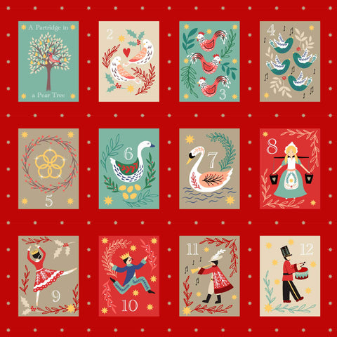 The 12 Days of Christmas Lewis and Irene Squares on Red Gold Metallic - C77.3