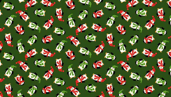 Mini Christmas Penguins Green Cotton Fabric by Makower 1302/G, Novelty Collection