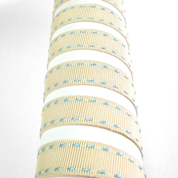 15mm Stitched Grosgrain Ribbon Ivory and Sky Blue - Berisfords