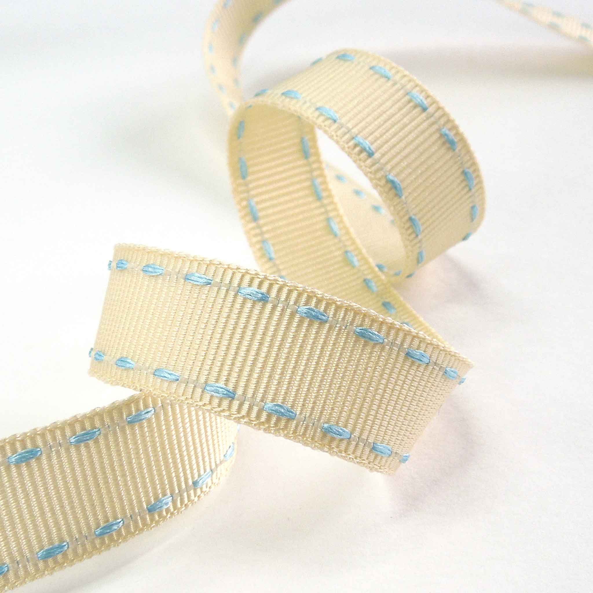 15mm Stitched Grosgrain Ribbon Ivory and Sky Blue - Berisfords
