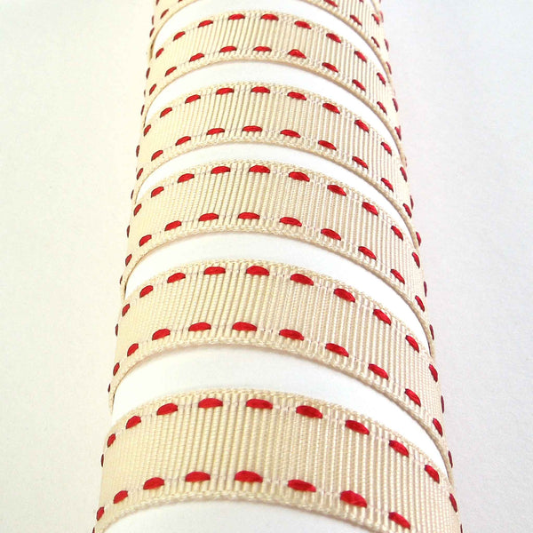 15mm Stitched Grosgrain Ribbon - Ivory and Red - Berisfords - 4 Metre Reel