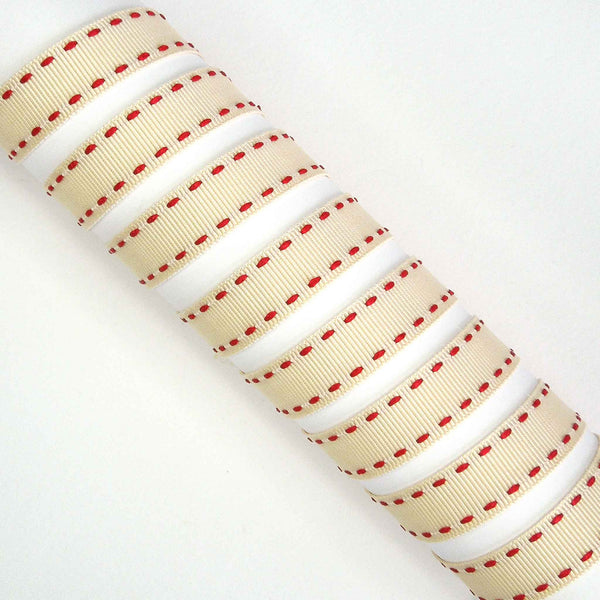 15mm Stitched Grosgrain Ribbon - Ivory and Red - Berisfords - 4 Metre Reel