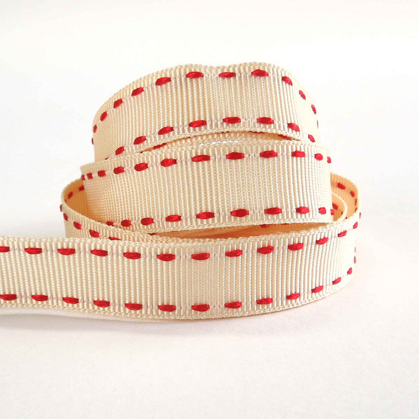 15mm Stitched Grosgrain Ribbon - Ivory and Red - Berisfords - 4 Metre Reel