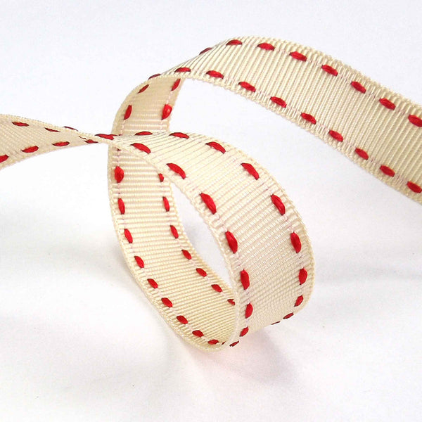 15mm Stitched Grosgrain Ribbon - Ivory and Red - Berisfords - 4 Metre Reel