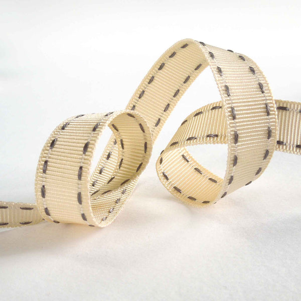 15mm Stitched Grosgrain Ribbon - Ivory and Silver Grey - Berisfords - 4 Metre Reel