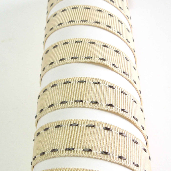 15mm Stitched Grosgrain Ribbon - Ivory and Silver Grey - Berisfords - 4 Metre Reel