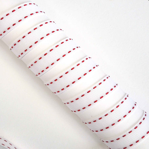 15mm Stitched Grosgrain Ribbon - White and Red - Berisfords - 4 Metre Reel