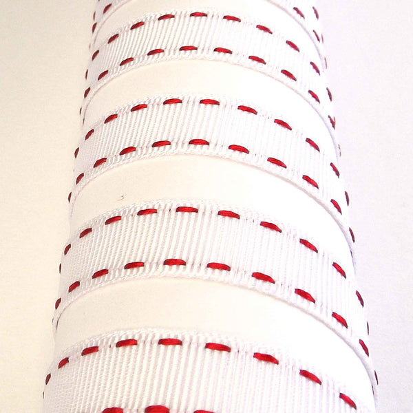 15mm Stitched Grosgrain Ribbon - White and Red - Berisfords - 4 Metre Reel