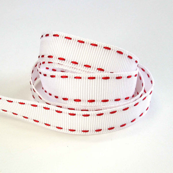 15mm Stitched Grosgrain Ribbon - White and Red - Berisfords - 4 Metre Reel