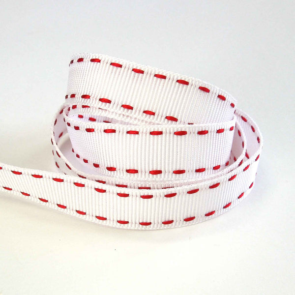 15mm Stitched Grosgrain Ribbon White and Red - Berisfords