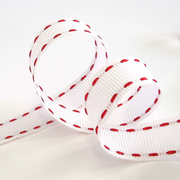 15mm Stitched Grosgrain Ribbon - White and Red - Berisfords - 4 Metre Reel