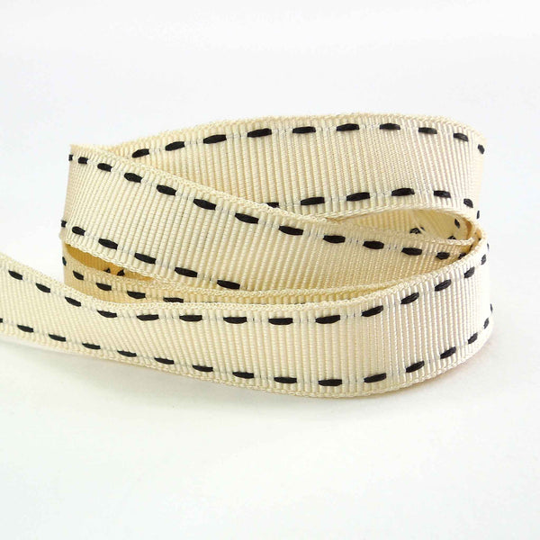 15mm Stitched Grosgrain Ribbon - Ivory and Black - Berisfords - 4 Metre Reel