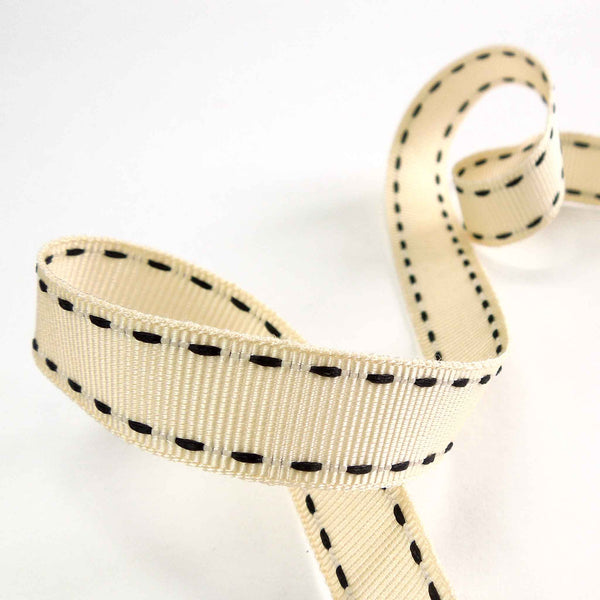 15mm Stitched Grosgrain Ribbon - Ivory and Black - Berisfords - 4 Metre Reel