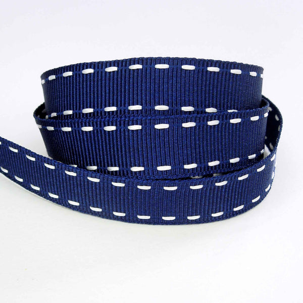15mm Stitched Grosgrain Ribbon - Navy Blue and White - Berisfords - 4 Metre Reel