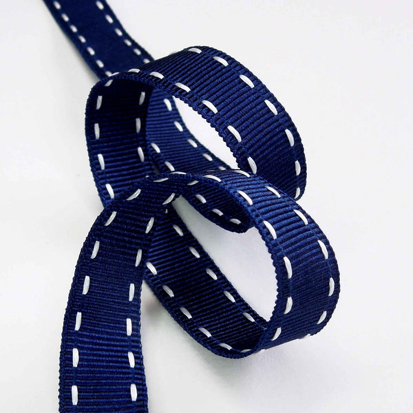 15mm Stitched Grosgrain Ribbon - Navy Blue and White - Berisfords - 4 Metre Reel