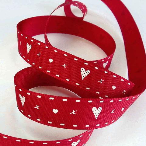 15mm Hearts and Kisses Ribbon - Red - Berisfords