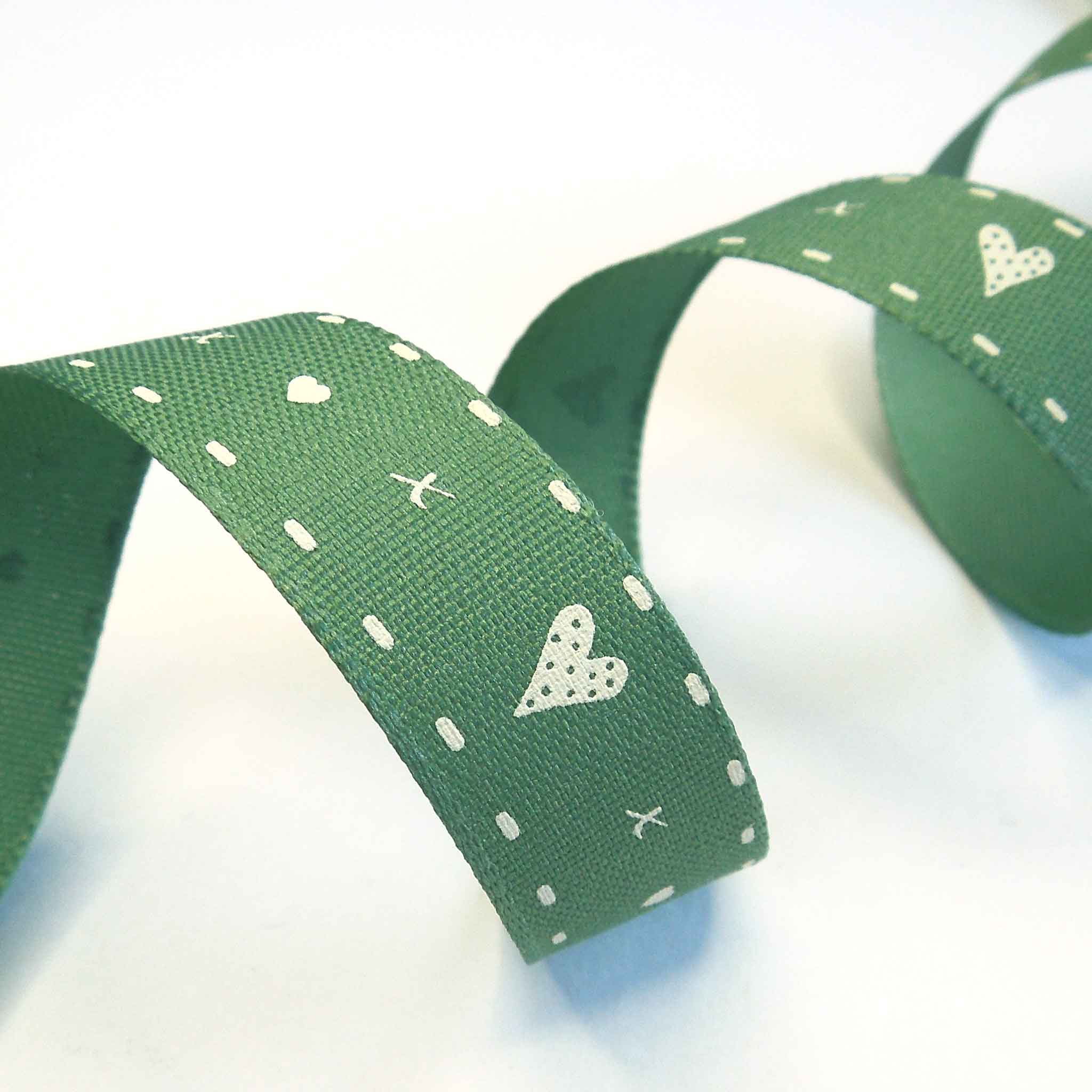 15mm Hearts and Kisses Green Ribbon - Berisfords