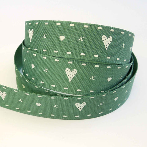 15mm Hearts and Kisses Green Ribbon - Berisfords