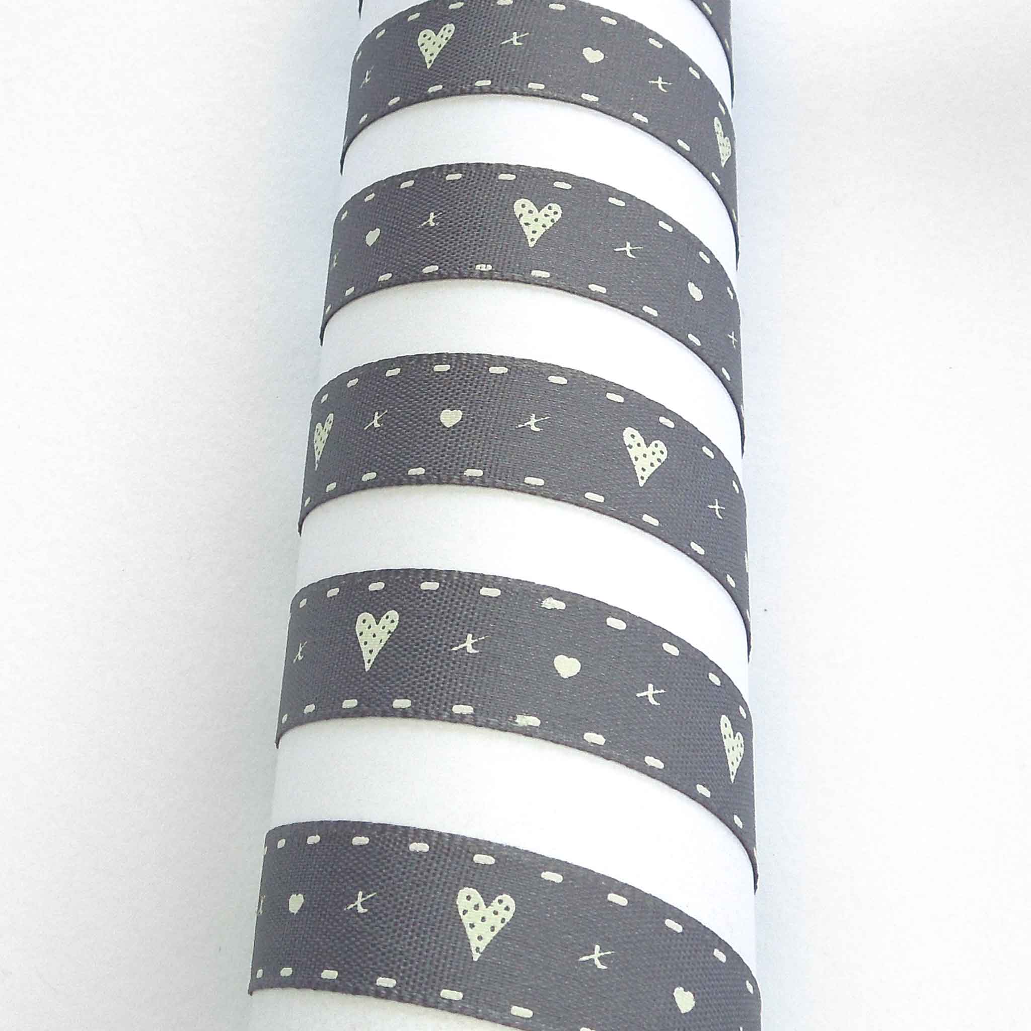 15mm Hearts and Kisses Ribbon Grey - Berisfords