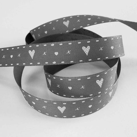 15mm Hearts and Kisses Ribbon Grey - Berisfords