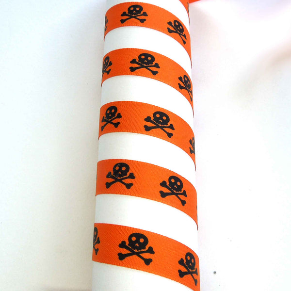 15 mm Skull and Crossbones Pirate Ribbon - Black/Orange- Berisfords