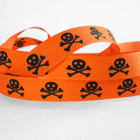 15 mm Skull and Crossbones Pirate Ribbon - Black/Orange- Berisfords