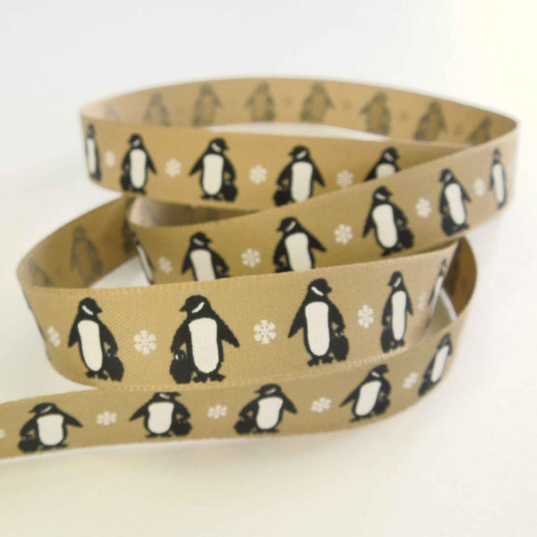 Christmas Penguins Ribbon Oatmeal Berisfords 15mm - 25mm