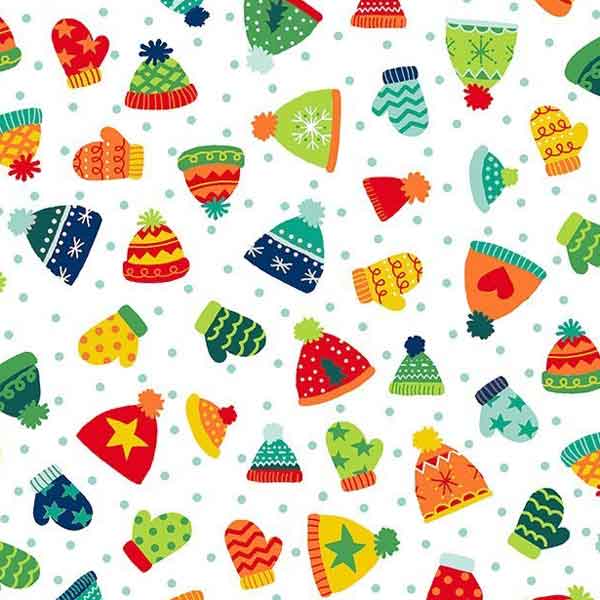 Xmas Hats and Mittens Cotton Fabric by Makower 1810, Novelty Christmas Collection