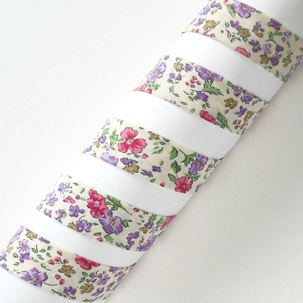 20mm Ditsy Floral Printed Bias Binding Lilac Pink Cream - Single Fold