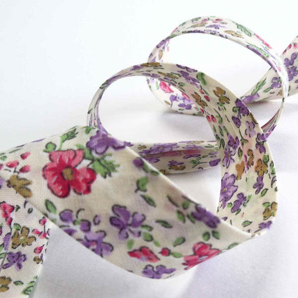 20mm Ditsy Floral Printed Bias Binding Lilac Pink Cream - Single Fold