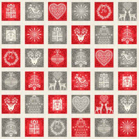 Xmas Squares Cotton Fabric by Makower 2132/1, Scandi Collection