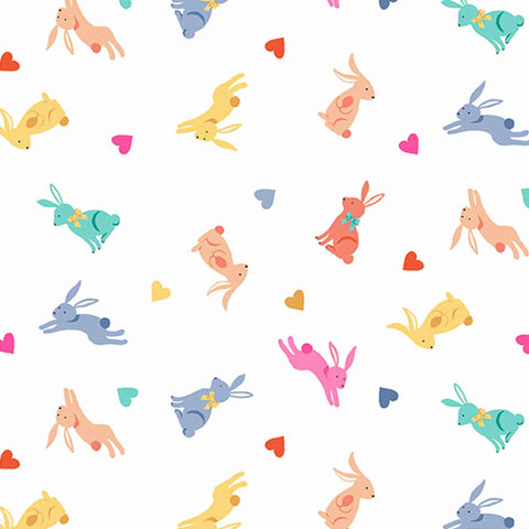 Coloured Rabbits on Cream Cotton Fabric by Makower 2189/Q, Spring Collection