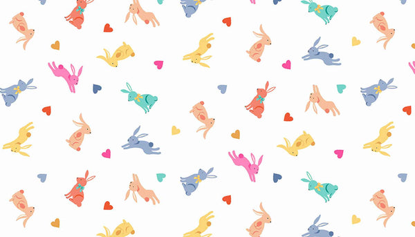 Coloured Rabbits on Cream Cotton Fabric by Makower 2189/Q, Spring Collection