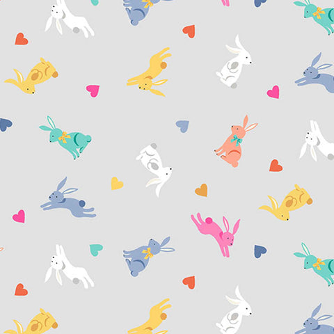 Coloured Rabbits on Silver Cotton Fabric by Makower 2189/S, Spring Collection