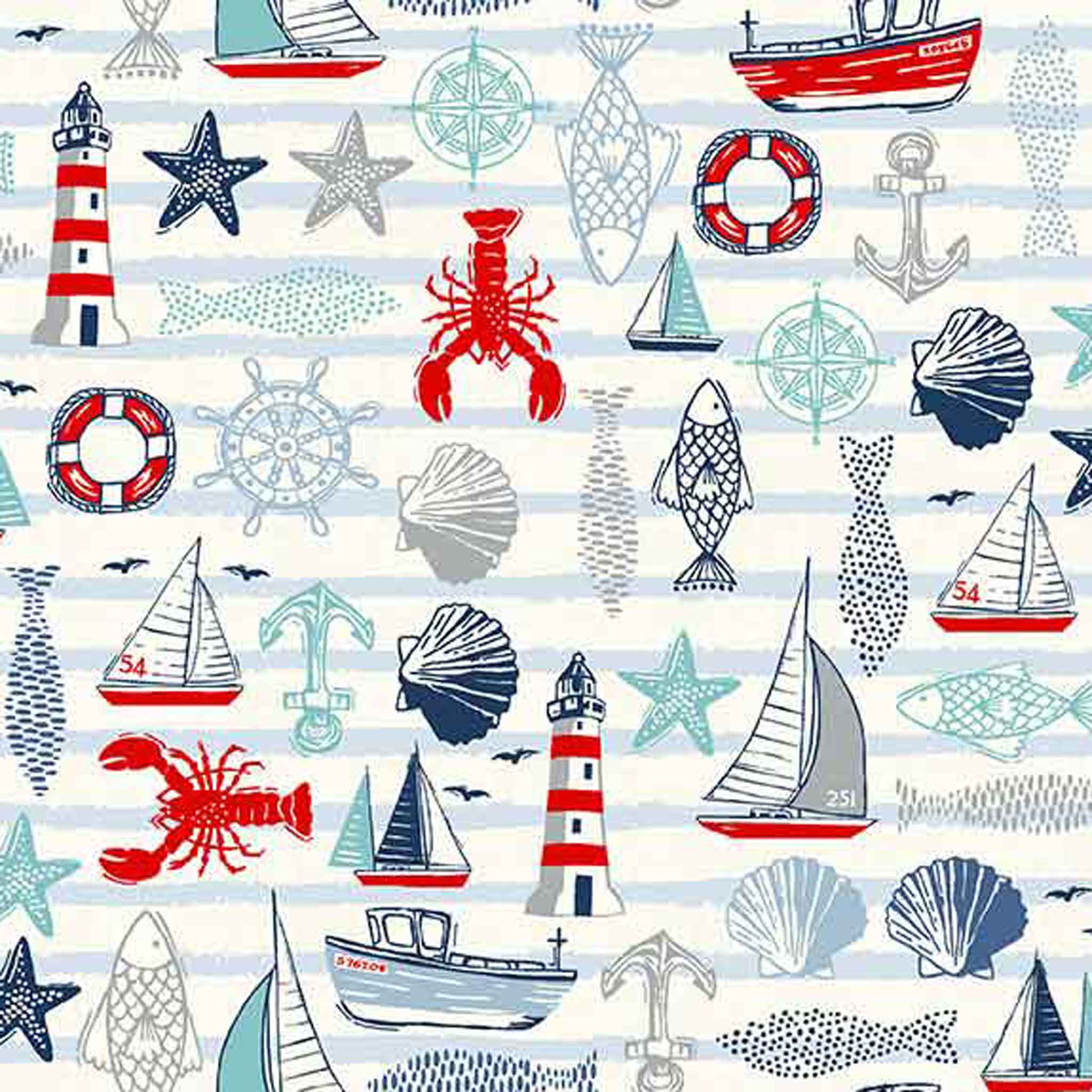 White Seaside Icons Cotton Fabric by Makower 2207/Q, Sail Away Collection