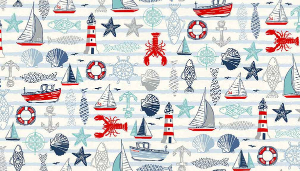 White Seaside Icons Cotton Fabric by Makower 2207/Q, Sail Away Collection