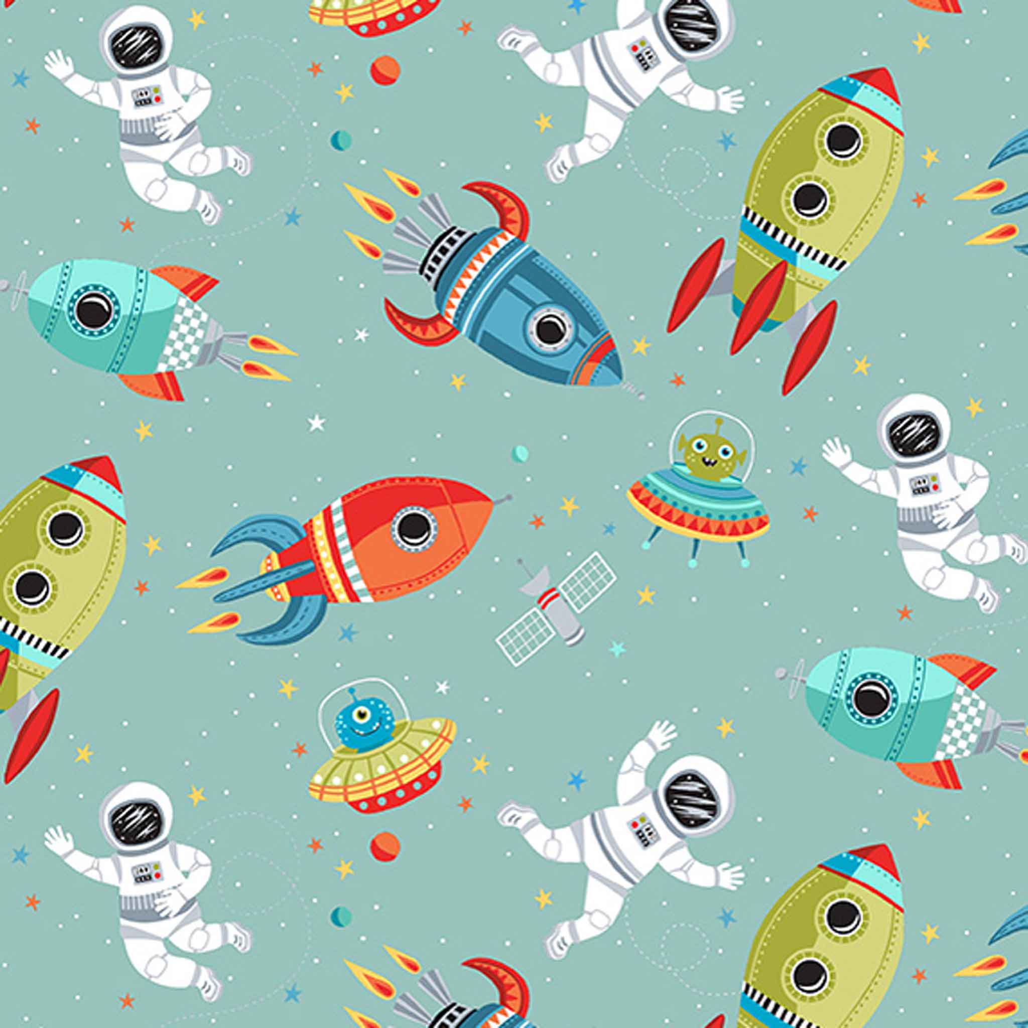 Scene Turquoise Cotton Fabric by Makower 2267/T, Outer Space Collection
