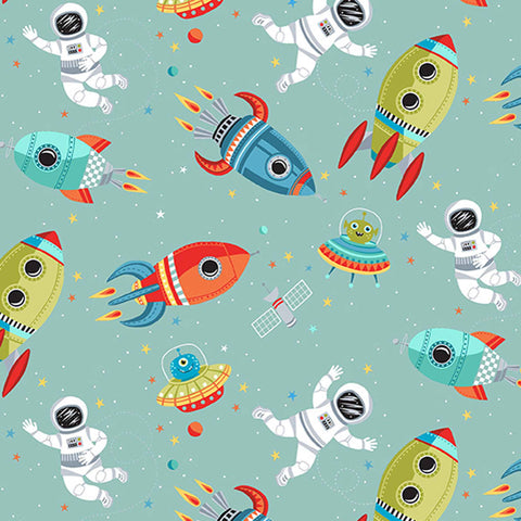 Scene Turquoise Cotton Fabric by Makower 2267/T, Outer Space Collection