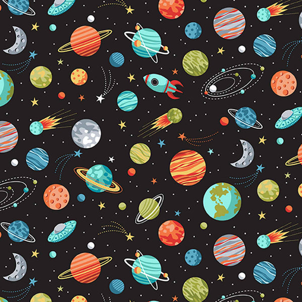 Black Planets Cotton Fabric Makower 2270/X - Outer Space Collection