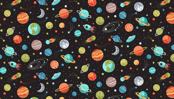 Black Planets Cotton Fabric Makower 2270/X - Outer Space Collection